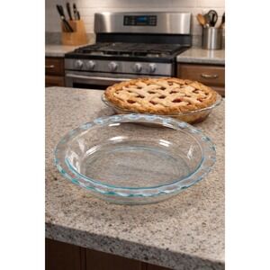Vintage Pyrex Clear Glass Pie Dish with Blue Dot Rim 11 Inch